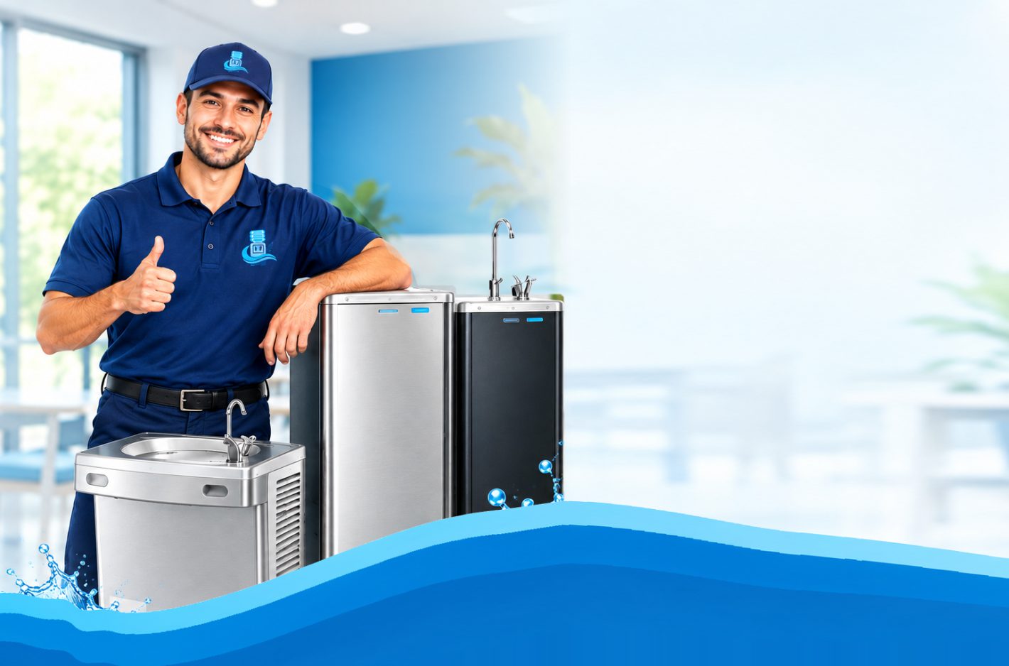 Water Cooler Shop technician with drinking fountains and water coolers in an office